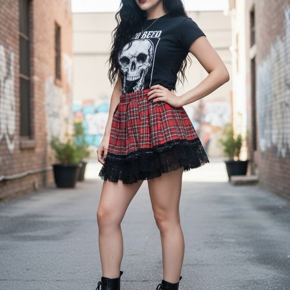 Hot Topic Dresses & Skirts - Hot Topic Red and Black Plaid Mini Skirt with Lace